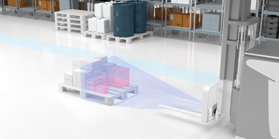 A rendering of an automatically driven forklift and pallet. A series of sensors are attached to the forklift to enable precise detection and positioning of the pallet. Mounted between the two forklift forks is the SmartRunner Explorer 3-D with time-of-flight technology. An example of applications for the 3-D vision sensor with time-of-flight.