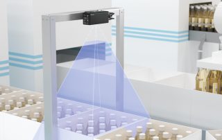 A SmartRunner Explorer 3-D Vision Sensor with Stereo Vision ensures that the full number of glass bottles are in a carton and that each of them is intact.