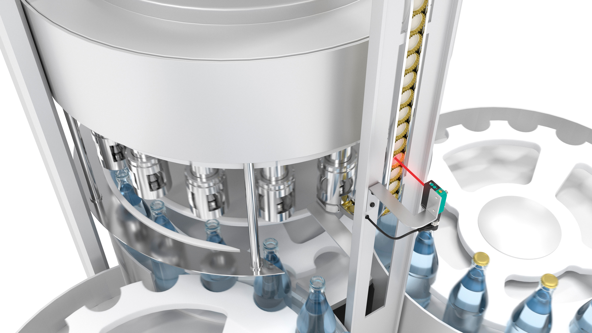 cap feeding in bottling plant with photoelectric sensor