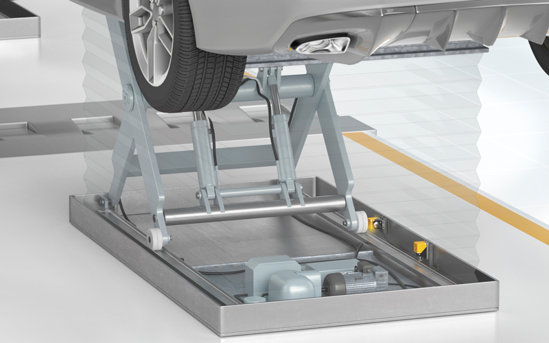 application_inductive_safety_sensors_scissor_lift Inductive safety sensors detect the retracted and extended position of the scissor lift table