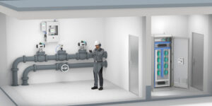 NAMUR output sensors monitoring valve position in a gas pressure regulation and measurement system; the intrinsically safe barriers with NAMUR input are mounted in the safe area.